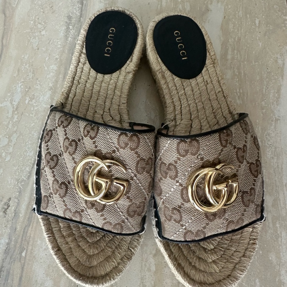 Gucci Brown Monogram Espadrille Slide Sandals with Gold Double G - Picture 4 of 8